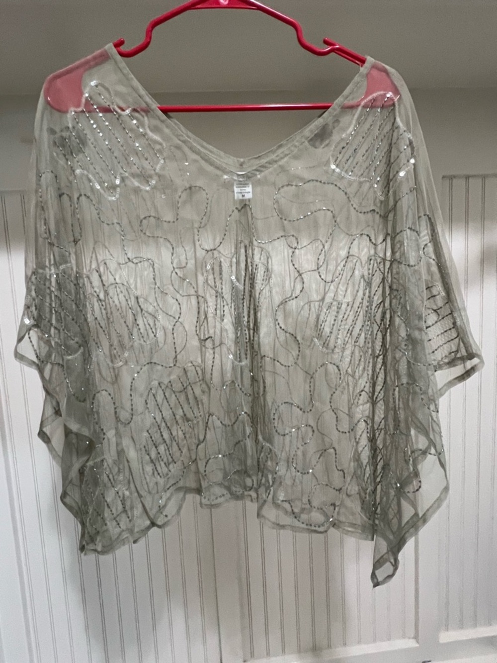 Sheer Beaded V-Neck Women's Shawl in Light Gray